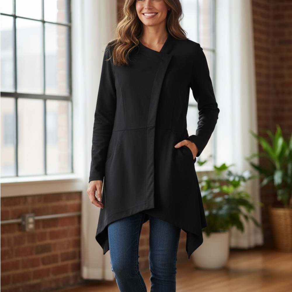 Elsewhere Large Black Made in Poland Longline Lagenlook Open Cardigan Jacket B8